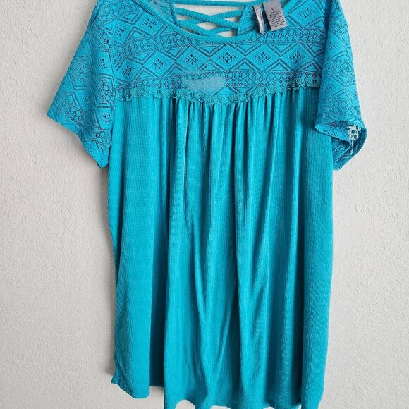 Baby doll spring boho Cottagecore green/ Teal Lace Short Sleeve pullover top L - Picture 3 of 7